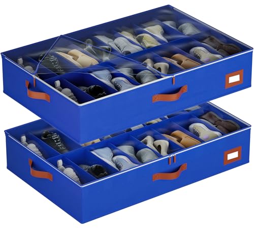 homyfort Under Bed Shoe Storage Organizer, Underbed Shoes Storage Containers, set of 2, fits up to 32 Pairs of Shoes (Blue) - color: Blue