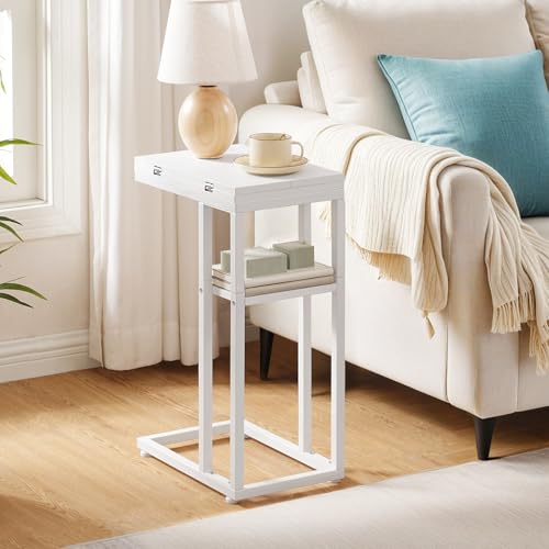 HOOBRO Foldable End Table, C Shaped Side Table with Storage Shelf, Small Snack Table Suitable for Living Room Bedroom Small Spaces, Easy Assembly, White WW29SF01 - color: White