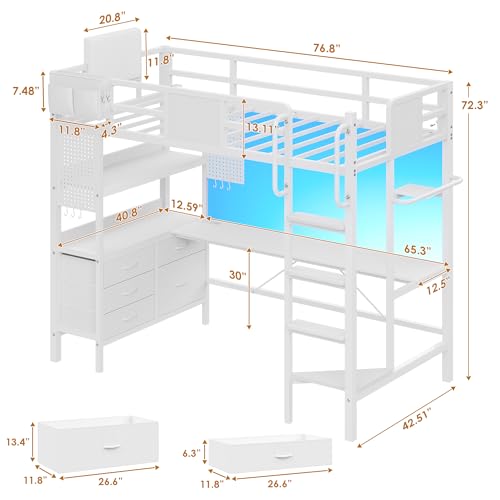 Dnxao Loft Bed Twin Size with L-Shaped Desk, Heavy-Duty Metal Twin Loft Bed with 5 Storage Drawers, LED Lights & Charging Station, Reinforced Stable Structure for Small Room Dorm Apartment, White - color: White, size: Twin loft bed with 5 drawer