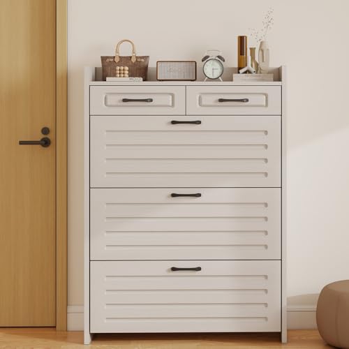 Lakifun Shoe Cabinet for Entryway, Narrow Shoe Storage Cabinet with 3 Flip Drawers and 2 Top Drawers, Modern Shoe Rack Organizer Cabinet for Hallway, Apartment, Living Room, White - color: White