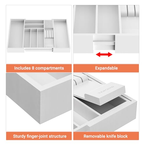 TIOPGHAD Bamboo-Silverware-Drawer-Organizer-Kitchen, Expandable Utensil Holder Cutlery Tray Flatware Organization Adjustable Wood Tableware Dividers Storage (with Removable Knife Block)(White) - color: White, size: Large