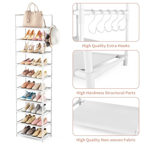 LANTEFUL 10 Tiers Tall Shoe Rack 20-25 Pairs Boots Organizer Storage Sturdy Narrow Shoe Shelf for Entryway, Closets with Hooks, White - color: White, size: 10 Tier-68" High-17" Wide