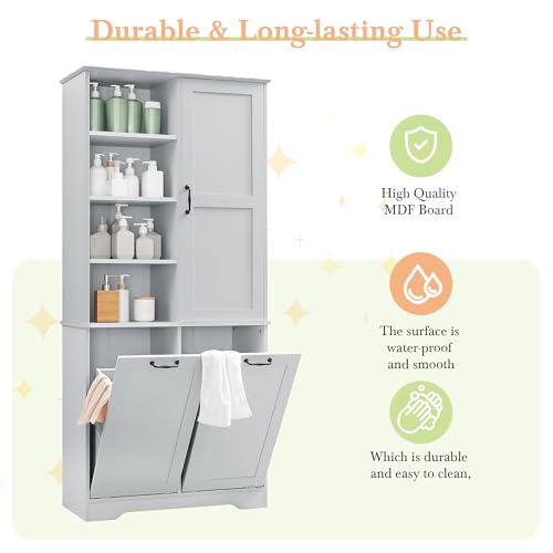 Virubi Tall Laundry Cabinet with 2 Tilt Out Laundry Hampers, Wood Bathroom Storage Cabinet with Doors and Adjustable Shelves, for Bathroom Sotrage Organization, Freestanding, Grey - color: Grey, size: 31"x14"x68"