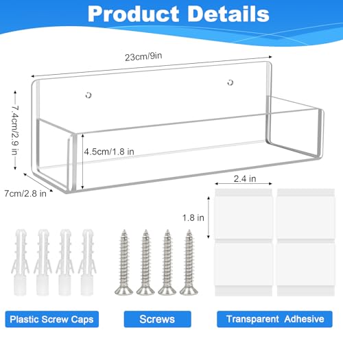 Acrylic Spice Rack Wall Mount - 9 Inch, Clear Spice Shelf Storage Holder, 2 Pack Hanging Seasoning Organizer for Cabinet Door, Cupboard or Wall Kitchen (Adhesive or Screw) - size: 9"- 2 Pack