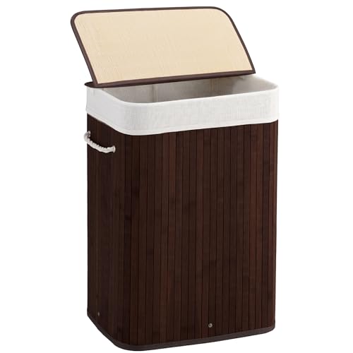 Aliphon 72L Slim Laundry Hamper with Lid, Foldable Bamboo Clothes Laundry Basket with Handles, Removable and Machine Washable Liner, for Bedroom, Bathroom, Dorm, Brown - color: Chestnut Brown, size: 72L