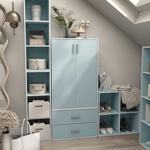 Homes: Inside + Out Apexa 3-Tier Stackable Wood Bookcase with Doors, Cube Storage Organizer Shelves, Small Food Pantry Cabinet, Dorm Teen Room Decor & Bedroom, Home Office, Kitchen, Light Blue - color: Light Blue, size: 3-Tier