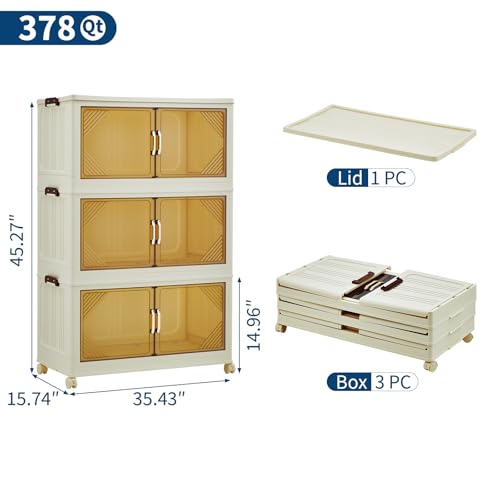 GarveeHome 378QT Stackable Storage Bins, Folding Storage Box with Magnetic Doors & Wheels, Loset Organizers and Storage with Lids, Collapsible Plastic Drawers for Bedroom Kitchen Office, White - color: 3rd floor, size: 126QT