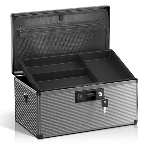 Medicine Lock Box with Key, Alluminum Alloy Box for Medication,First Aid Box with a Removeable Tray to Store Medicines & Pills for Home, Black,16 * 9.25 * 7.48 Inch - color: Black, size: X-Large-16inch