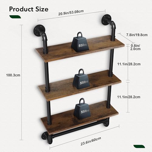 Merapi 24" Industrial Floating Shelves with Tower Bar, Pipe Shelves for Wall, 3 Tier Rustic Wood Wall Shelves for Home Décor, Bedroom, Living Room, Bathroom - style: 3 Tier with Tower Bar