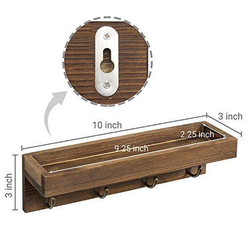 MyGift 10 Inch Floating Wall Shelf with Hooks, Dark Brown Wood Entryway Storage Shelf with 4 Metal Key Hooks - color: Dark Brown