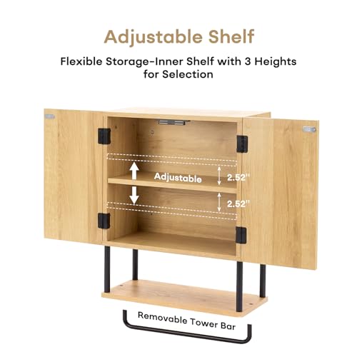 Modern Fluted Bathroom Wall Cabinet,3-Tier Curved Profile Wooden Medicine Cabinet with 2 Doors,Over the Toilet Storage Cabinet Wall Mounted with Adjustable Shelf and Towel Bar(Oak, Small) - color: Oak, size: Small