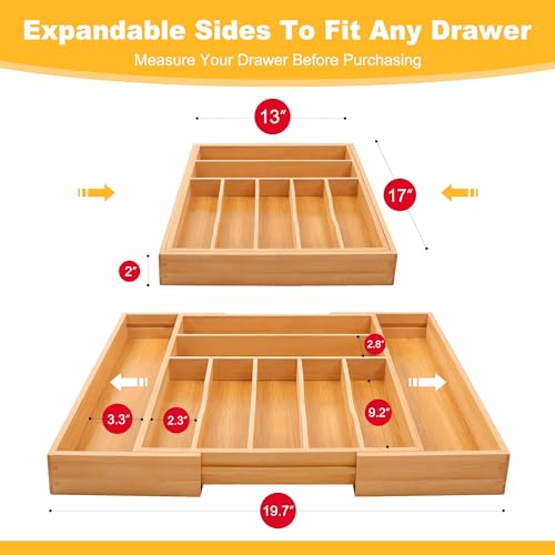 Large Premium Bamboo Silverware Organizer - Expandable Drawer Organizer & Utensil Organizer - 17"x19.7" Cutlery Tray with Dividers for Kitchen Utensils and Flatware (7-9 Slots) (Natural) - color: Natural, size: 9 Slots Expandable