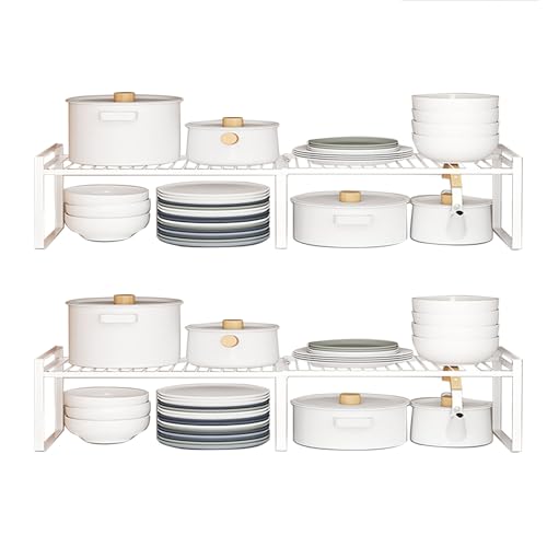 13"-24" L Expandable Cabinet Shelf Rack Set of 2, Stackable Kitchen Countertop Cupboard Organizers and Pantry Storage Shelves - color: White