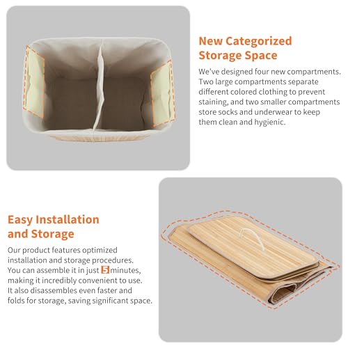 Bamboo Laundry Hamper Large 106L with Removable 4-Section Liner, Foldable Storage Basket with Lid and Handles for Bedroom, Laundry Room, Small Spaces – Natural - Rectangle - color: Natural - Rectangle