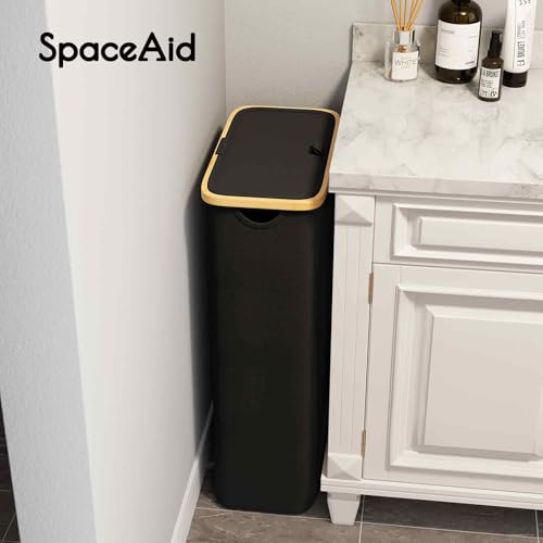 SpaceAid Slim Laundry Hamper with Lid, 65L Narrow Clothes Basket Bin with Bamboo Handles, Skinny Tall Collapsible Hamper for Bedroom, Bathroom, Dorm, Laundry Room - Black - color: Black, size: 65 L