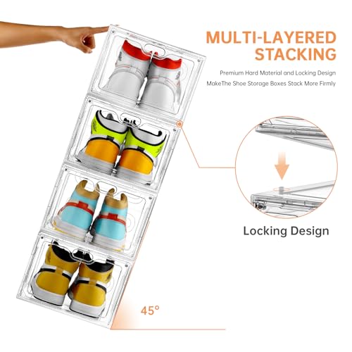 INSTY 6 Pack Large Shoe Storage Box, Clear Shoe Storage Organizer with Magnetic Door, Stackable,Shoe Containers For Display Sneakers, Easy Assembly, Fit up to US Size 12, Clear - color: Clear, size: 6