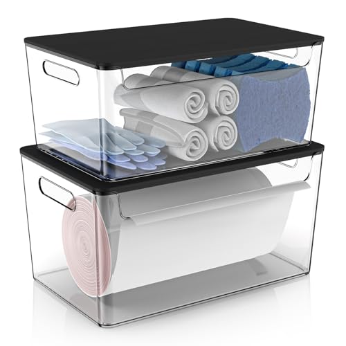 COAZEX 2 Pack Trash Bag Holder Under Sink Stackable, Plastic Garbage Bag Dispenser with Lid, Trash Bag Storage Dispenser Roll Holder for Kitchen, Pantry, Laundry Room Organization (Black Lid) - color: C-Clear(Black Lid)