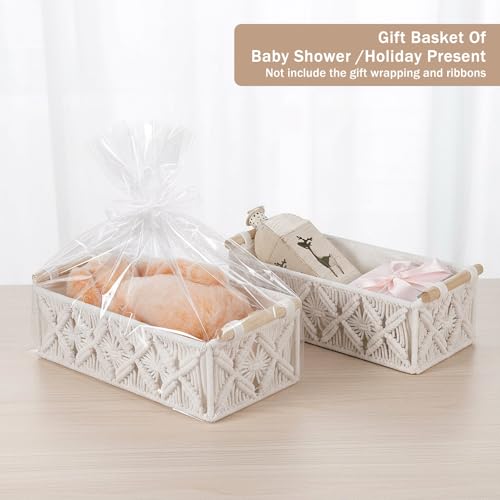 Kifmurase Macrame Storage Baskets 2PCS, Boho Woven Decorative Basket for Organizing with Handle, Countertop Toilet Paper Storage Container for Tank Bedroom Nursery Livingroom Entryway(White)