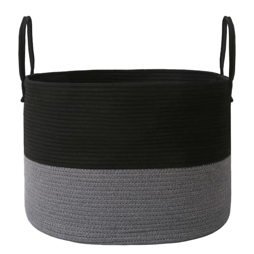JMvicyroam 65L Extra Large Blanket Basket for Living Room - Woven Cotton Rope Laundry Hamper with Reinforced Handles - Storage Bin for Pillows, Comforters & Toys - Machine Washable,Black&Grey - color: Black&Grey, size: 65L
