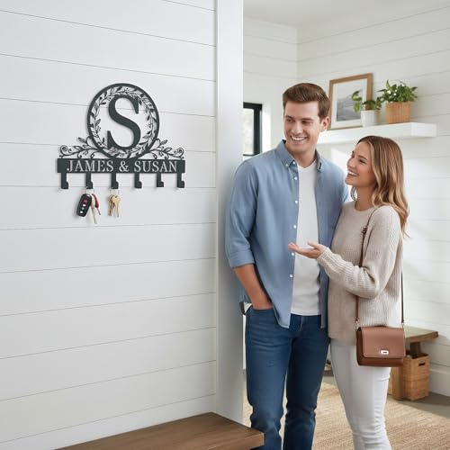 Personalized Metal Monogram Key Holder Rack for Wall Custom Coat Hooks for Bathroom Living Room Kitchen Office Wedding Anniversary Housewarming Gift - style: Garden