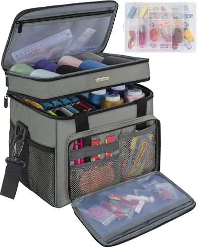 Sewing Storage Bag with Removable Tray Large Capacity Sewing Aaccessories Organizer Travel Sewing Case with Shoulder Strap Double-Layer Sewing Organizer Bag Grey (Bag Only) - color: Grey