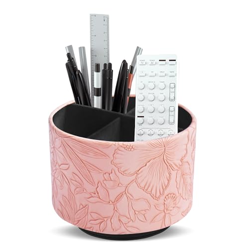 Hennaja Round Leather Art Supply Organizer,Remote Control Holder,360 Degree Spinning,Multi-Functional Pencil Holder,4 Compartments Desktop Stationary Organizer(1-Carved Pink) - color: 1-Carved Pink