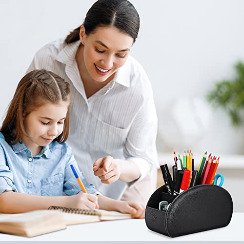 Fintie Remote Control Holder, 5 Compartments Vegan Leather TV Remoter Caddy Desktop Organizer Makeup Brush Holder Storage Fits TV Remotes, Media Controllers, Office Supplies(Black) - color: Black