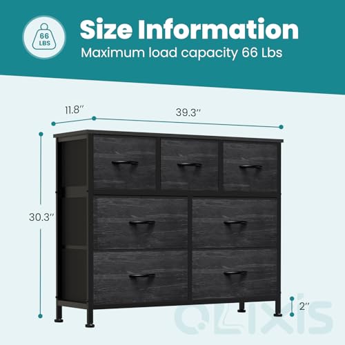 OLIXIS 7 Drawers Dresser for Bedroom, Fabric Storage Tower for Living Room, Entryway - Sturdy Steel Frame, Wooden Top and Easy Pull Fabric Bins, Closet Chests Organizer for Clothes,Black Wood Grain - color: Black Wood Grain, size: 11.8"D x 39.4"W x 30"H (