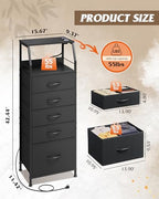 WLIVE LED Nightstand with Charging Station, Fabric Dresser with 5 Drawers for Bedroom, Tall Night Stand with Open Shelves, Bed Side Tables Living Room, Black - color: Black, size: 5 Drawers