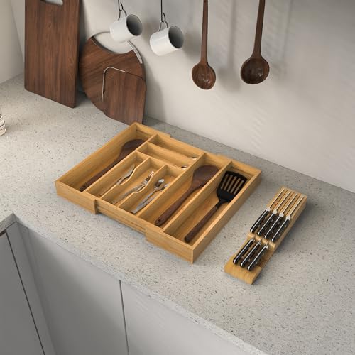 Bamboo Kitchen Drawer Organizer, Expandable Silverware Organizer with Removable Knife Block, 6-8 Slots- Utensil Holder & Cutlery Tray Drawer Dividers, 2.36" Deep for Extra Capacity, Natural - color: Natural
