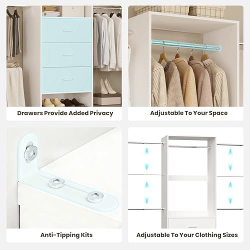 COSIEST Closet System, Closet Organizer with Drawers and Expandable Hanging Rods, Closet Organizer System, Walk-in Closet Wardrobe Clothes Rack, I Shaped