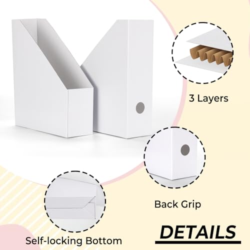 EXYGLO 12 Pack White Magazine File Holder, Cardboard Magazine Rack with Label, Foldable Storage Organizer Box for Book, Documents, 9.9x3.3x12 Inches - color: White