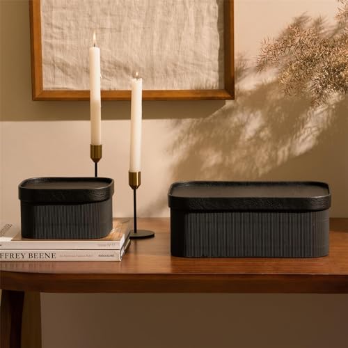 LA JOLIE MUSE Fluted Cardboard Storage Baskets with Leather-Like Lids, Paper Boxes Decorative Tray, Modern Basket Organizer Bins for Jewelry Shelve Bathroom Bedroom Organizing,Black, Set of 3 - color: Black
