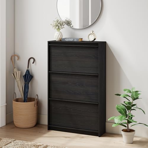 Shoe Cabinet with 3 Flip Drawers, 23.62" W Narrow Shoe Storage Cabinet for Entryway, Slim Shoe Organizer with Adjustable Shelves, Freestanding Shoe Rack for Hallway, Living Room, Black - color: Black, size: 9.45"D x 23.62"W x 45.47"H