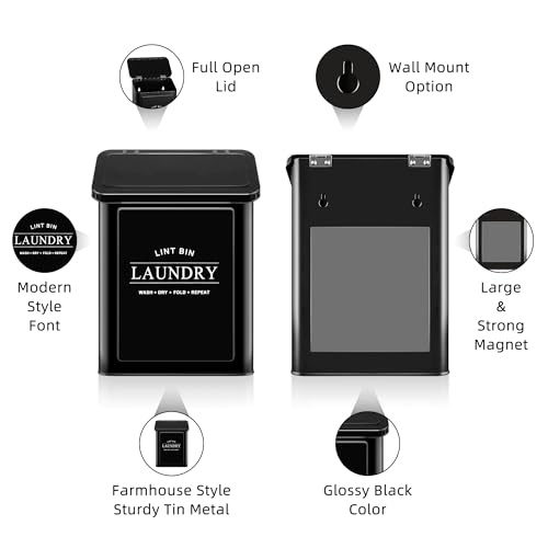 Magnetic Lint Bin for Laundry Room, Metal Lint Trash Can with Lid and Brush, Wall Mounted Lint Box for Dryer, Farmhouse Laundry Room Decor, Black - color: Black, size: Pattern 2