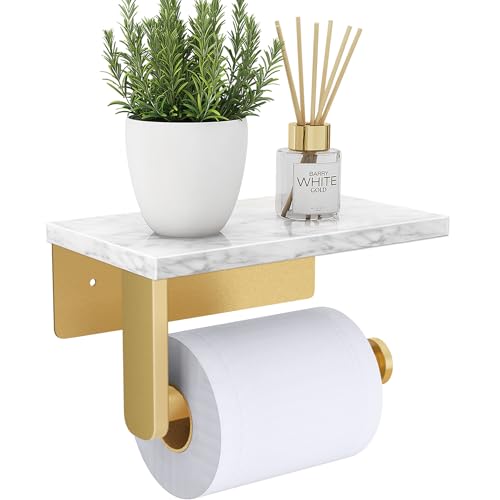 Brushed Gold Toilet Paper Holder with Natural Marble Shelf, 304 Stainless Steel Screw Wall Mounted, Tissue Roll Paper Holder Dispenser for Bathroom Washroom - color: Gold, size: 1 Roll