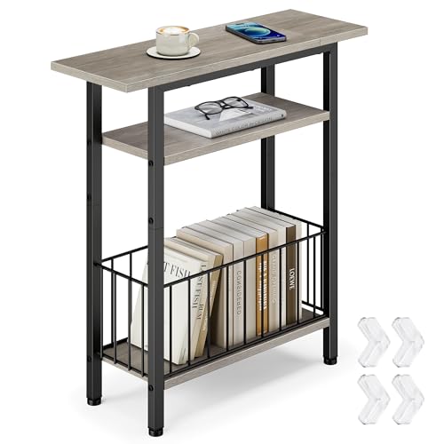 Vagusicc Narrow Side Table, Skinny Side Table for Couch, 3-Tier Small End Table for Small Spaces, Bed Side Tables with Storage, 25.2" Tall Slim Nightstand Bedside table for Living Room Bedroom, Greige - color: Greige, style: Ordinary