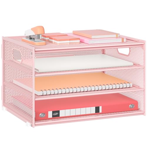 Lavatino 3-Tier Letter Tray Desk Organizer, Mesh Metal Paper File Tray Organizer for Desk, Office Supplies & Home Organization, Fits A4 Paper, Mail, Magazines & Office Accessories (Pink with Handle) - color: 4-tier With Handle - Pink
