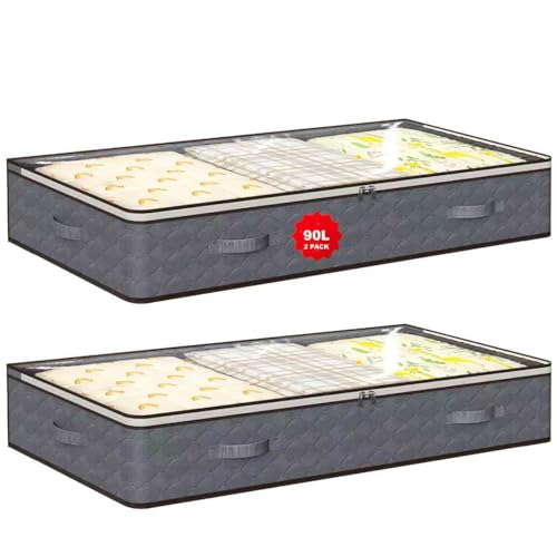 90L Under Bed Storage Containers,2-Pack Closet Organizers and Storage Bins,for Organization and Storage Clothes, Shoes, Blankets & Pillows,Visible Transparent Top Storage Bins with Lids, Grey - color: Grey, size: 2 Pack