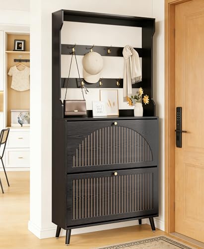 Fsbecl Shoe Cabinet for Entryway with 2 Flip Drawers & Coat Rack, Narrow Hidden Shoe Storage Cabinet with Fluted Panel, 2-in-1 Hall Tree Slim Freestanding Shoe Rack Organizer for Hallway, Black - color: Black- Double Layer With Rack