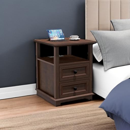 REDAYFUR 24" Tall End Table with Charging Station, Double 18W Fast Charge, Large 18" Bedside Table with Drawers, Rustic Wood Storage Cabinet with Open Shelf for Bedroom, Cherry - color: Cherry, size: 1 Piece