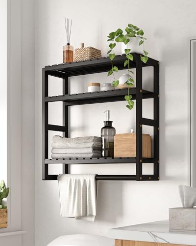 Galood Over The Toilet Storage Bathroom Shelves Wall Mounted 3 Tier Space Saver Corner Shelf Organizer Bamboo Towel Rack Toilet Paper Cabinet with Hanging Rod Black - color: Black 1pack, size: Standard