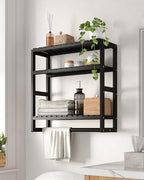 Galood Bathroom Shelves Towel Racks Over Toilet Storage with Towel Bar 3 Tier Floating Wall Mounted Space Saving Bamboo Paper Holder for Bathroom Laundry Room Kitchen Organizers (Black)