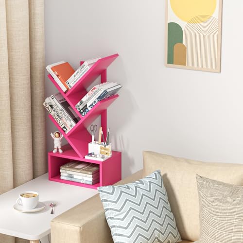 SHEEPAM Small Tree Book Shelf,5 Tier Black Tree Bookshelf,Desktop Bookcase,Modern Desk Display Storage Bookshelves,Floor Standing Organizer Bookcases for Living Room,Bedroom,Office - color: Pink, size: 5 Tier