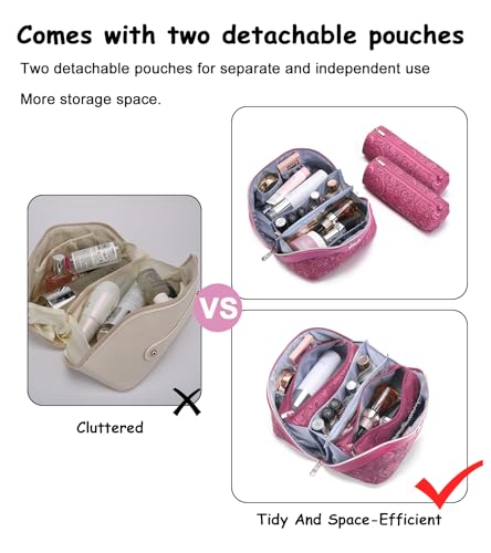 BOYATU Travel Makeup Bags Cosmetic Organizer Bag: 3 Pcs Set Large Capacity Floral Make up Bag with Compartments - Waterproof Leather Toiletry Bags with Handle for Women (20-Red) - color: 20-Red