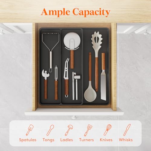 Lifewit Utensil Organizer for Kitchen Drawer, Expandable Cooking Silverware Tray, Adjustable Cutlery Flatware Holder, Plastic Spatula Tools Storage Divider, 14.4 x 15.8", Black - color: Black, size: 14.4*15.8*1.8 inch (3 Slots)