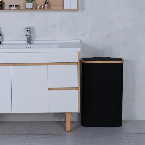 60L Slim Laundry Hamper,Laundry Basket with Lid,Tall Hamper for Laundry,Dirty Cloth Hamper with Bamboo Handle for Toys,Towels, Clothes Organizing,Black - color: Black, size: 60L Slim