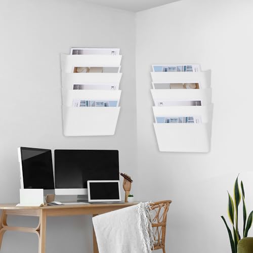 EASEPRES 8 Pack White Plastic Single Pocket Hanging File Organizer, Wall Mount Paper Mails Magazines Holder, Mounted Folder Bins for Office, School and Home, 12.99x4.13x7.48 inches - color: White, size: 8 Pack