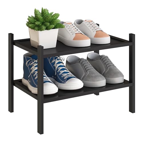 BMOSU 2-Tier Bamboo Small Shoe Rack Premium Stackable Shoe Shelf Storage Organizer for Hallway Closet Living Room Entryway Organizer(Black) - color: Black, size: Small-2-Tier（17*11*12.6inches）