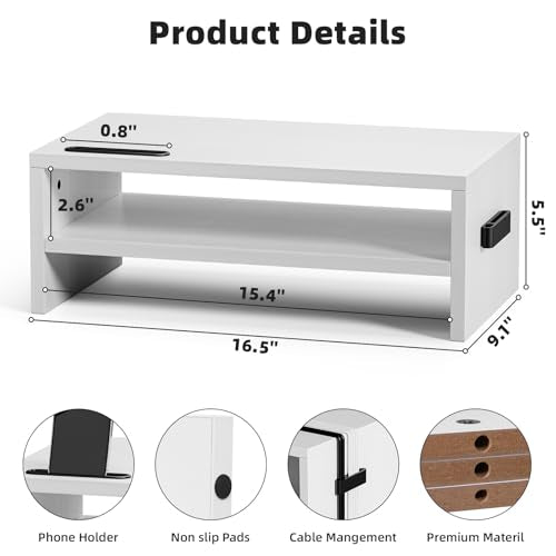Marbrasse Monitor Stand Riser, 16.5 Inch 2 Tier Computer Printer Shelf Stand for Laptop Computer Screen Storage, Desktop Stand with Phone Holder and Cable Management (White) - color: White